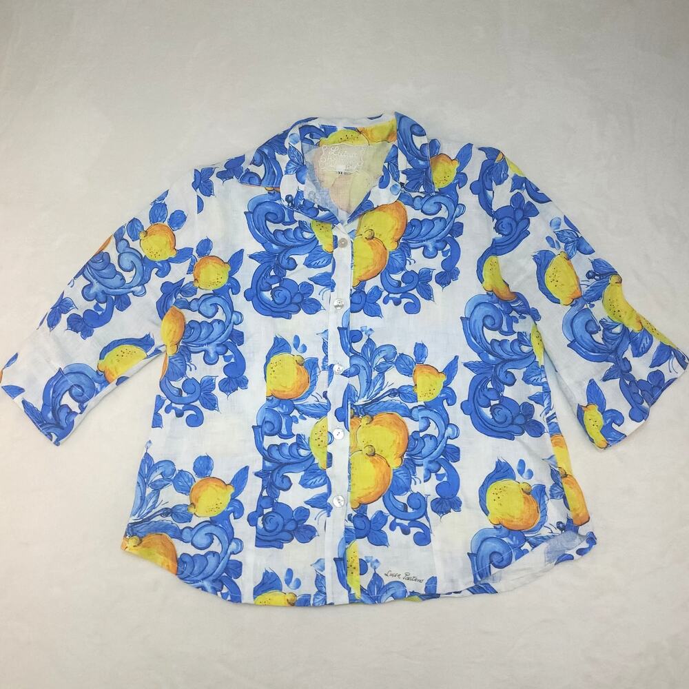 Luisa Positano 100% Linen Button Up Womens XL Lemons Blue Yellow White Italy